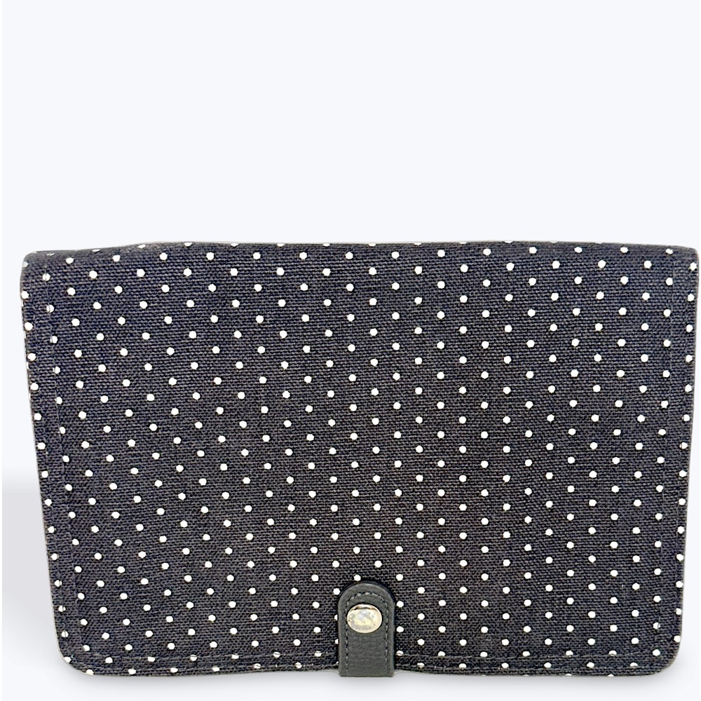 THIRTY ONE Double Up canvas clutch Charcoal Gray with white polka dots.